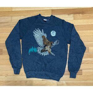 Vintage Jerzees Hawk Sweatshirt M oversized USA Made Moon Forest Graphic 80s 90s